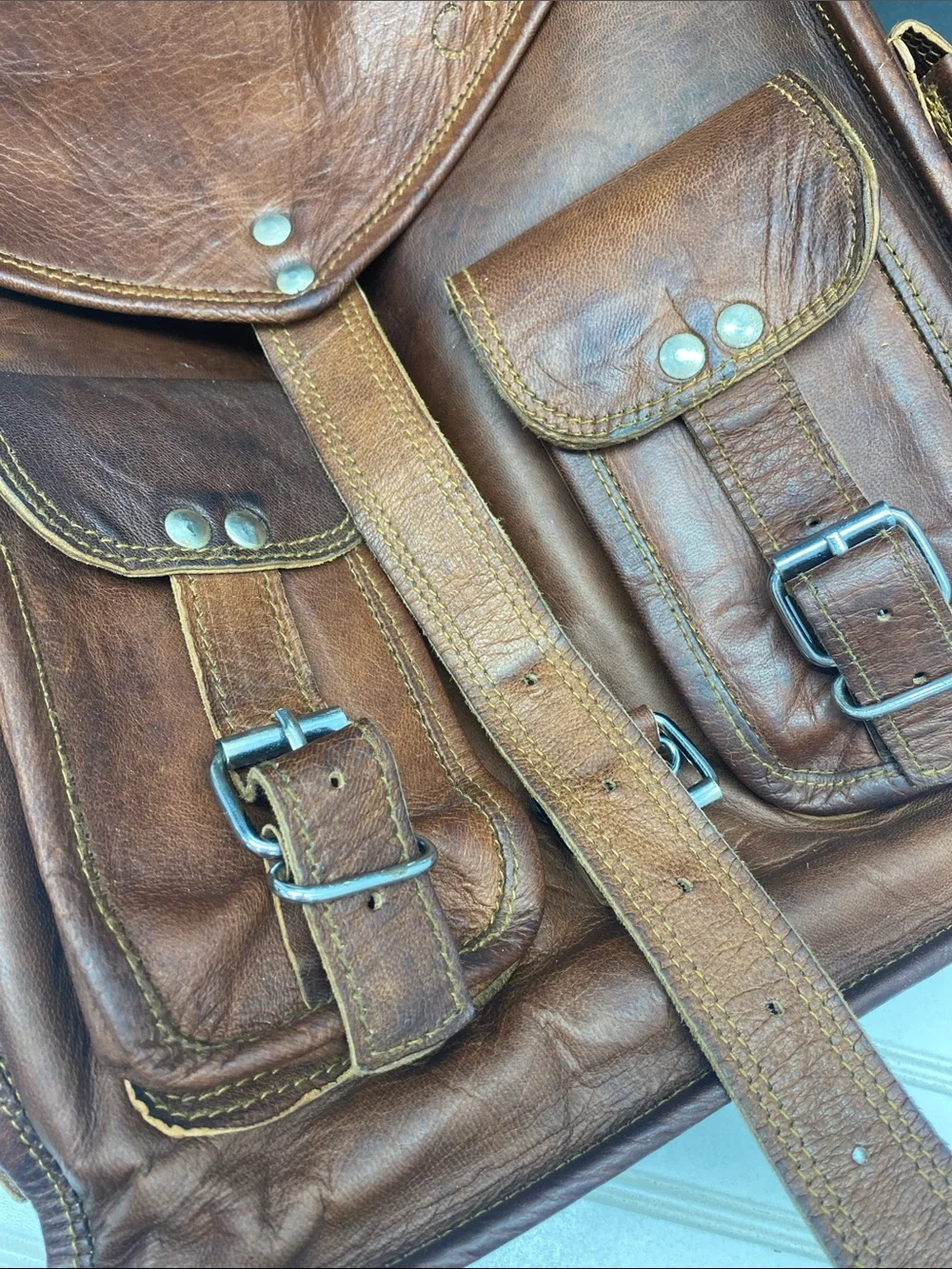 MaheTri Historic Brown Leather Backpack Messenger Bag